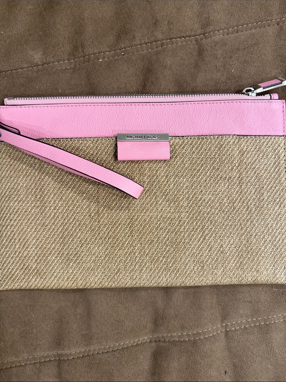 Michael Kors Pink Trim Woven Clutch Wristlet